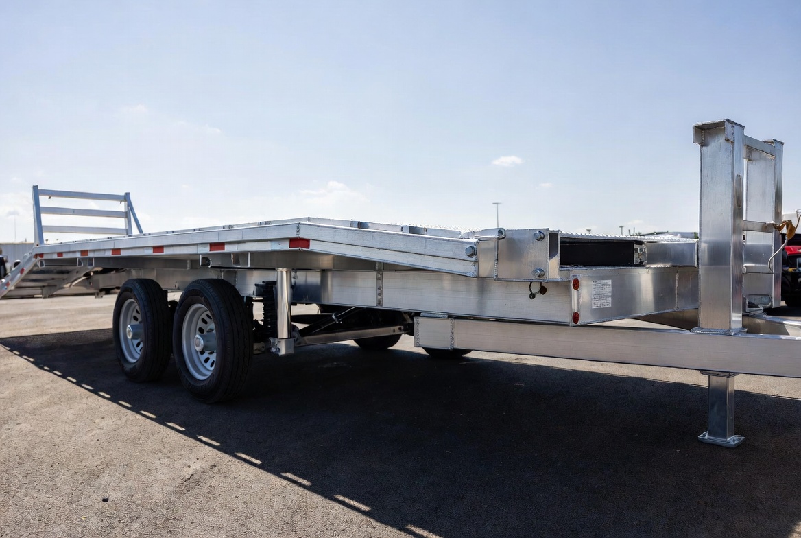 2025 Teton EQ-25 Deckover New equipment / flatbed trailer, 25' x 102", 14,000 lb GVWR, for sale at The Trailer Store in Winnemucca, Nevada (I-80), stock #TTS-2415 — rear and ramp view